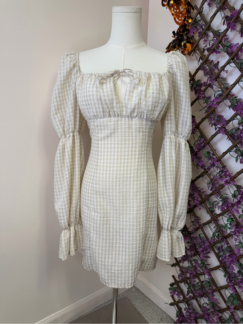 Divided Cream Puff-Sleeve Smocked Mini Dress